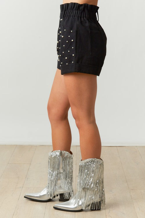 black twill pearl beaded paperbag shorts