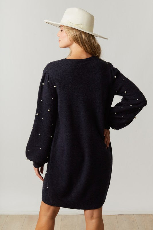Fantastic Fawn Black sweater knit tunic dress with beaded pearls
