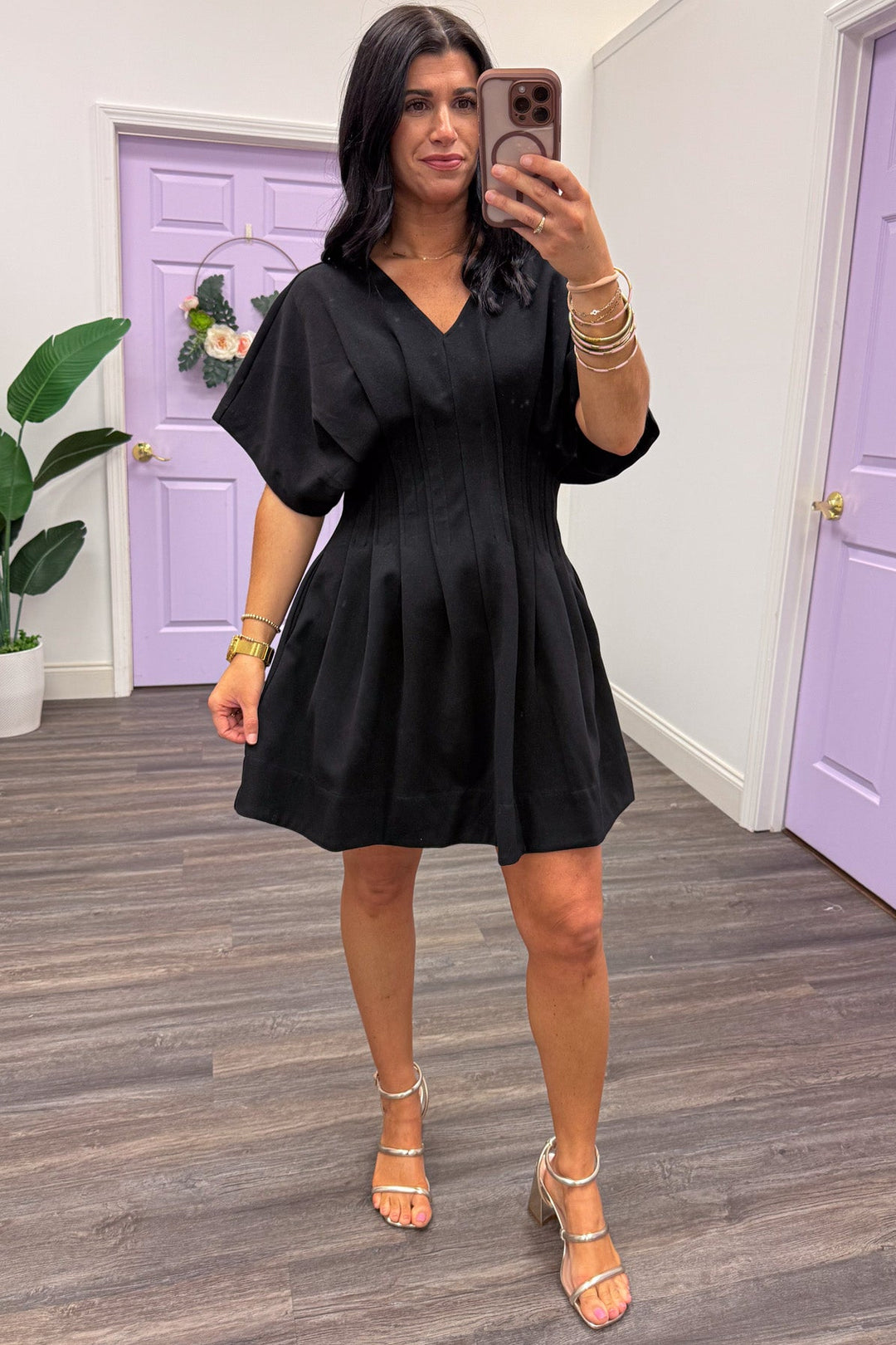 solid black pleated pintuck detail dolman sleeve mini dress