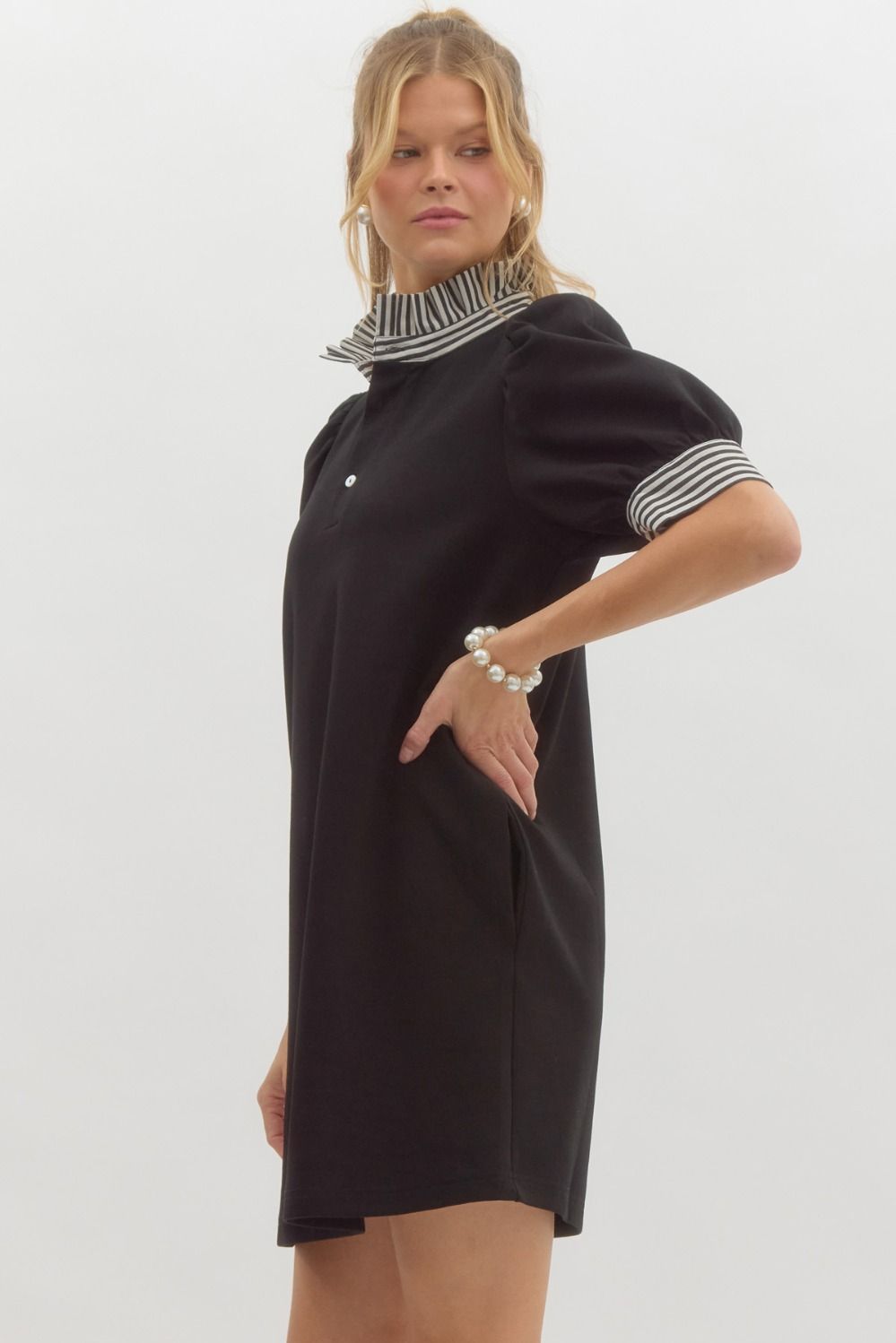 Entro Black polo style dress with contrasting white striped trim and ruffled mock neck