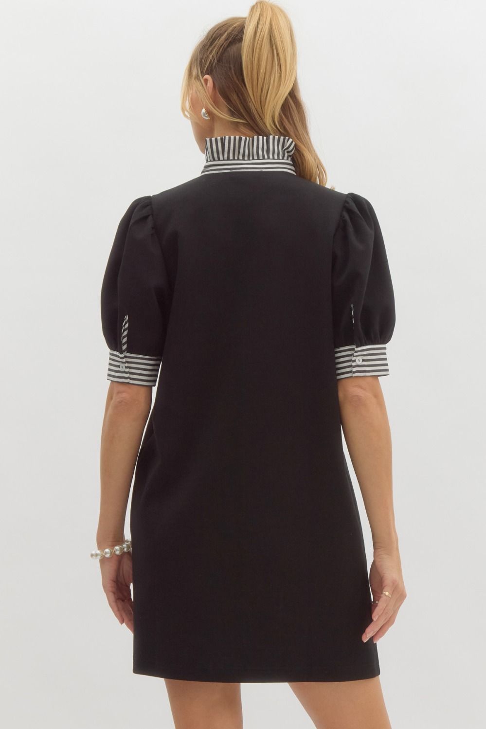 Entro Black polo style dress with contrasting white striped trim and ruffled mock neck