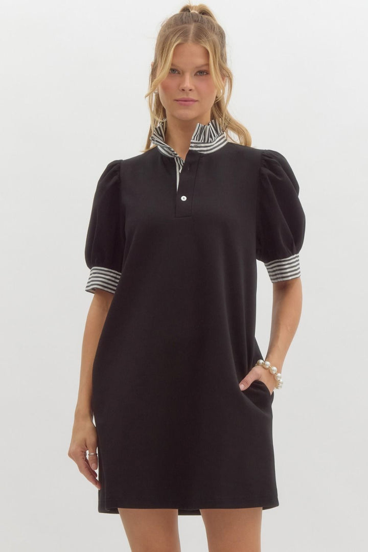 Entro Black polo style dress with contrasting white striped trim and ruffled mock neck