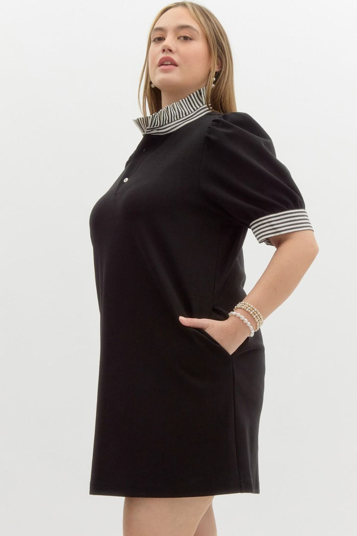 Entro Plus Black polo style dress with contrasting white striped trim and ruffled mock neck