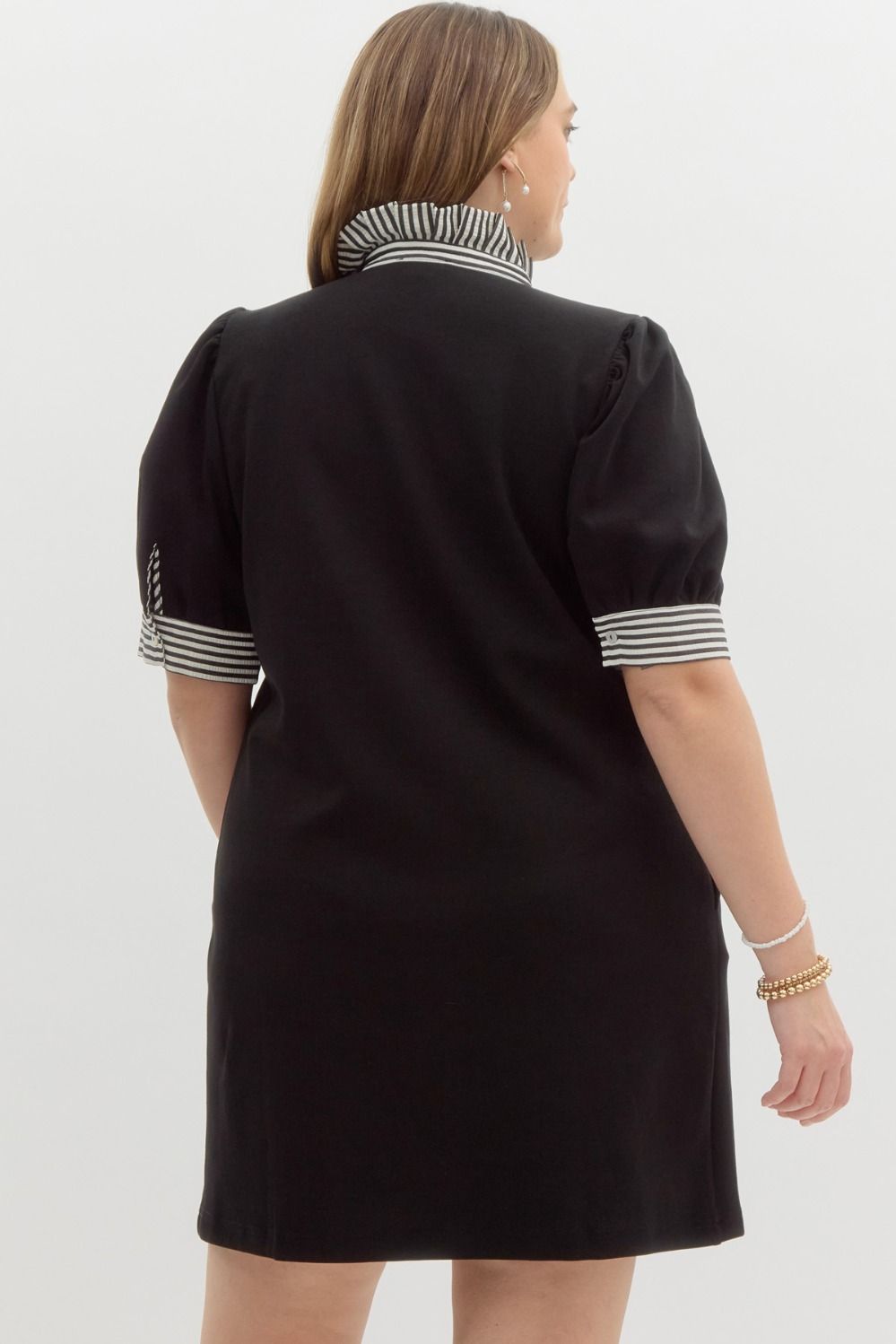 Entro Plus Black polo style dress with contrasting white striped trim and ruffled mock neck