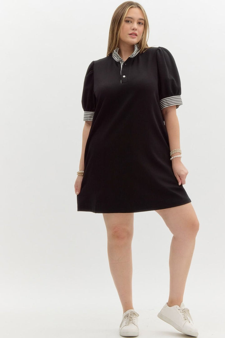 Entro Plus Black polo style dress with contrasting white striped trim and ruffled mock neck