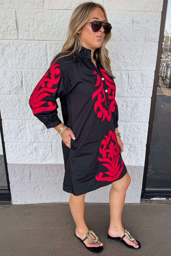 black with large red floral print balloon sleeve cotton short dress with side pockets