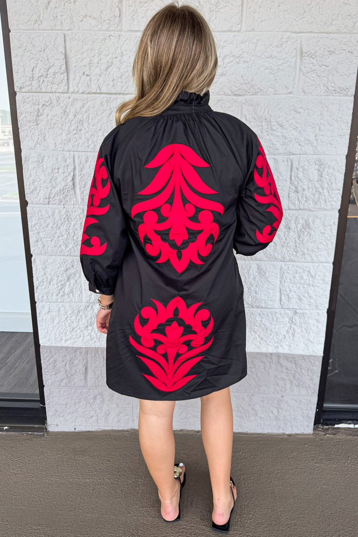 black with large red floral print half length balloon sleeve cotton poplin short dress