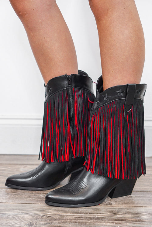 red black fringe western boots