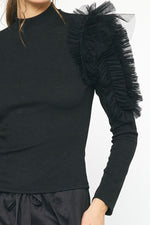 Entro Black ribbed top with mesh ruffles on the shoulders and sleeves