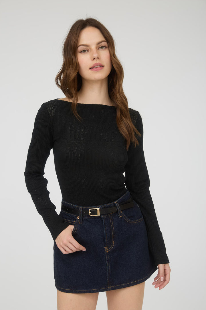 Women's black ribbed knit fitted top with trendy boat neck by Blu Pepper