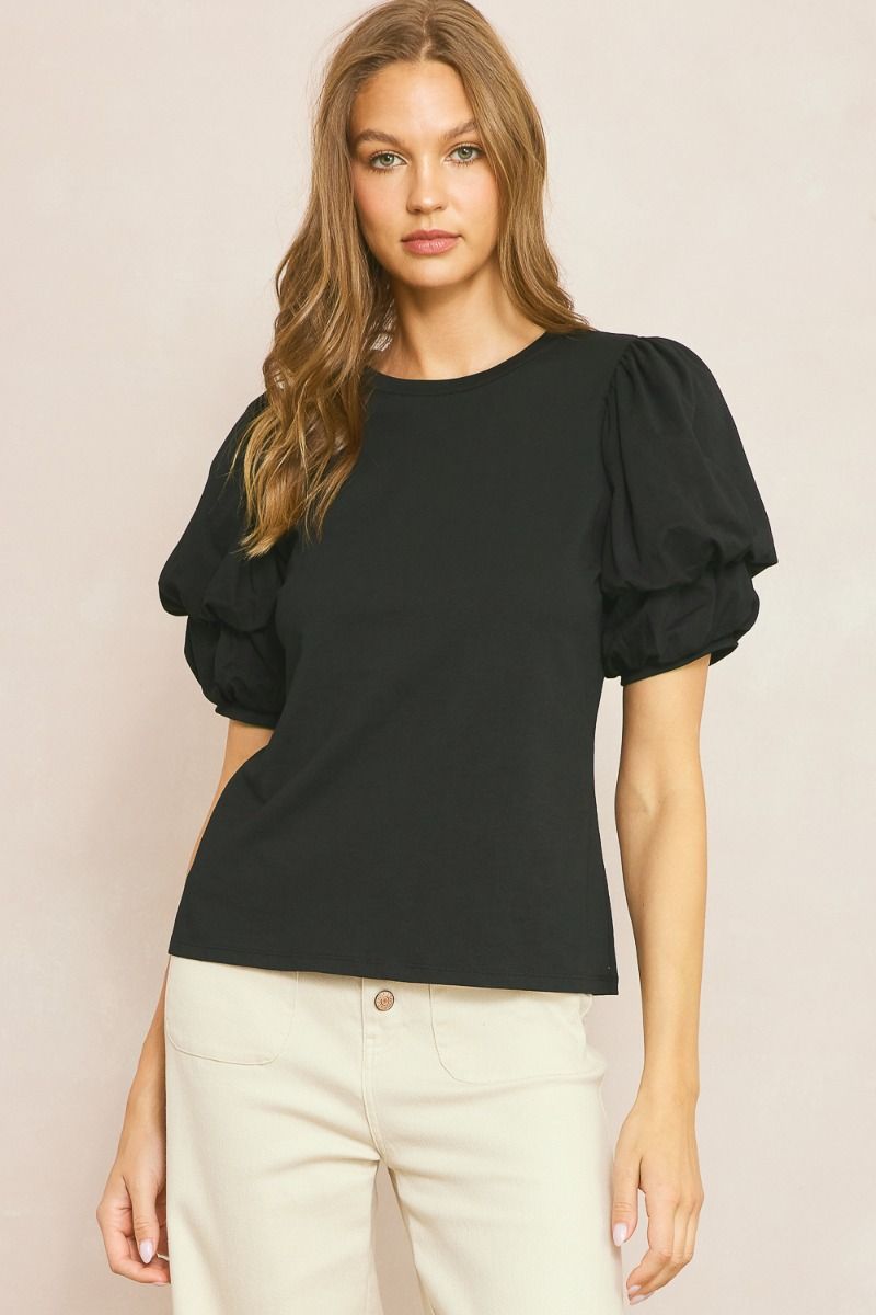 Entro Black blouse with ruched puff sleeves