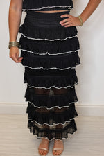 black ruffle tiered scalloped hem skirt set