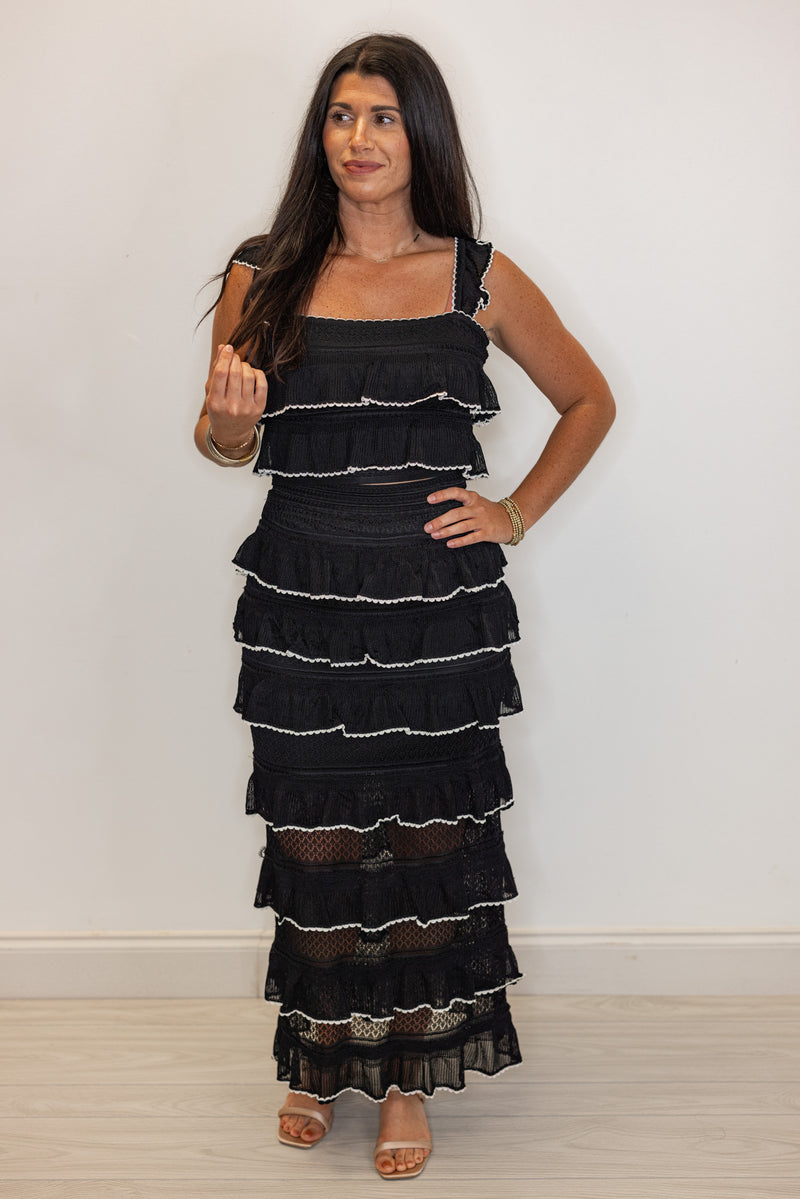 black ruffle tiered scalloped hem skirt set