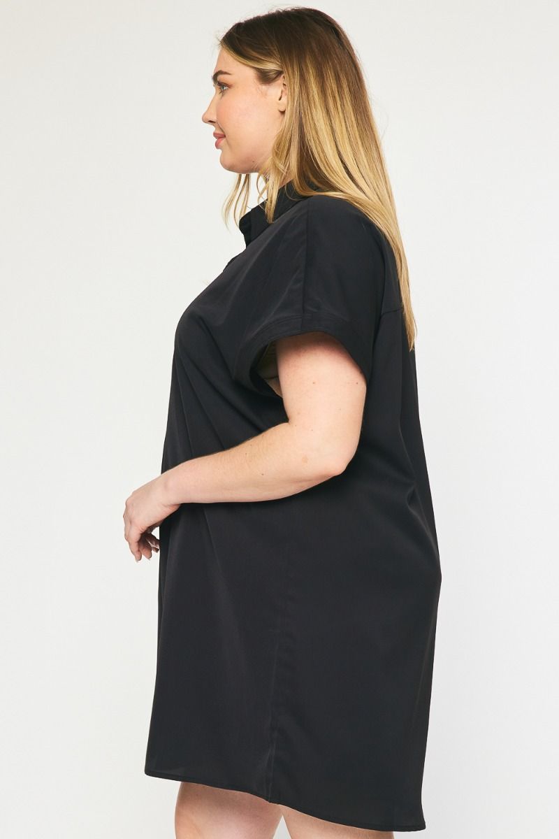 Plus size Entro Black satin-like tunic dress with collar