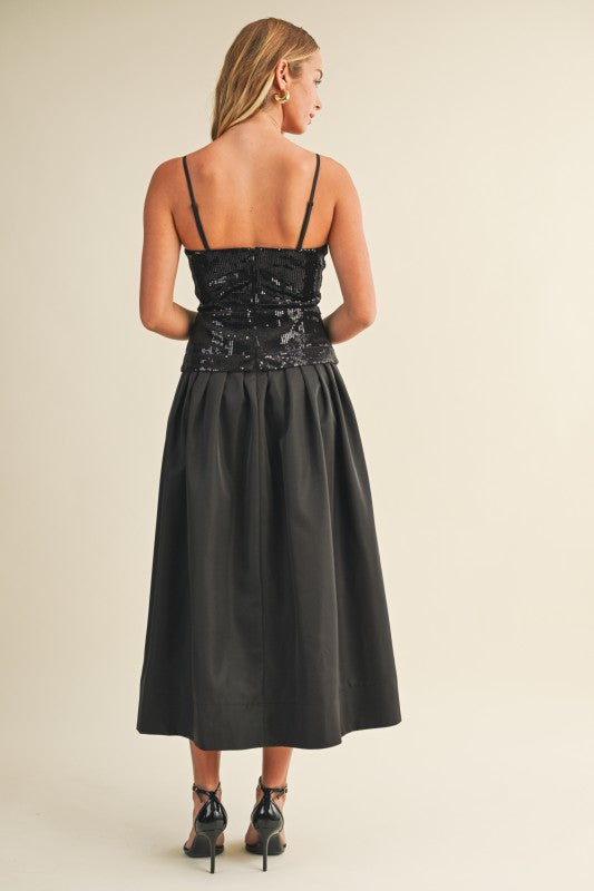 Women's black midi dress with sequin bodice and detachable spaghetti straps by Mustard Seed showing back view