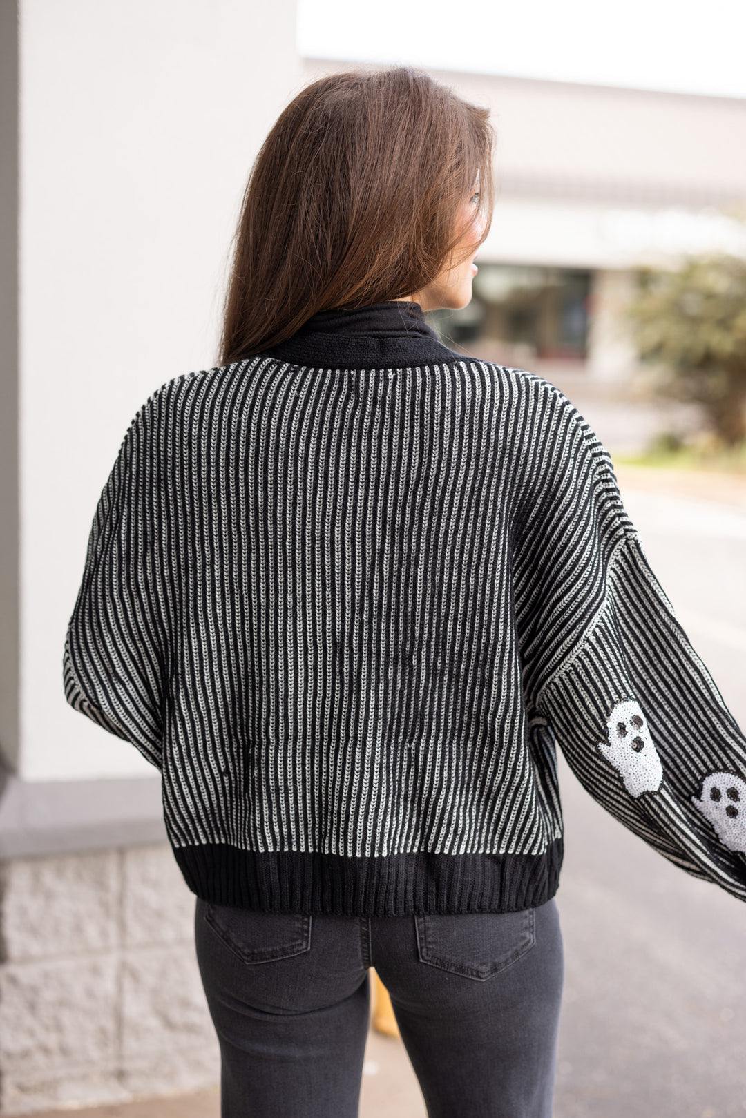 black white sequin ghost halloween sweater cardigan