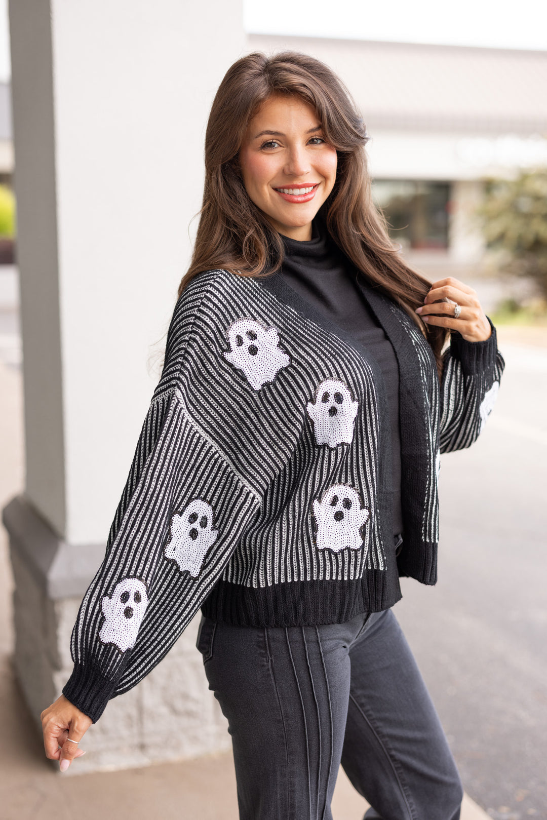 black white sequin ghost halloween sweater cardigan