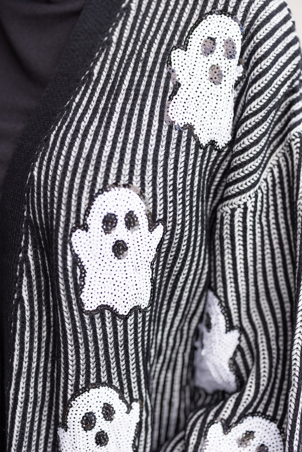 black white sequin ghost halloween sweater