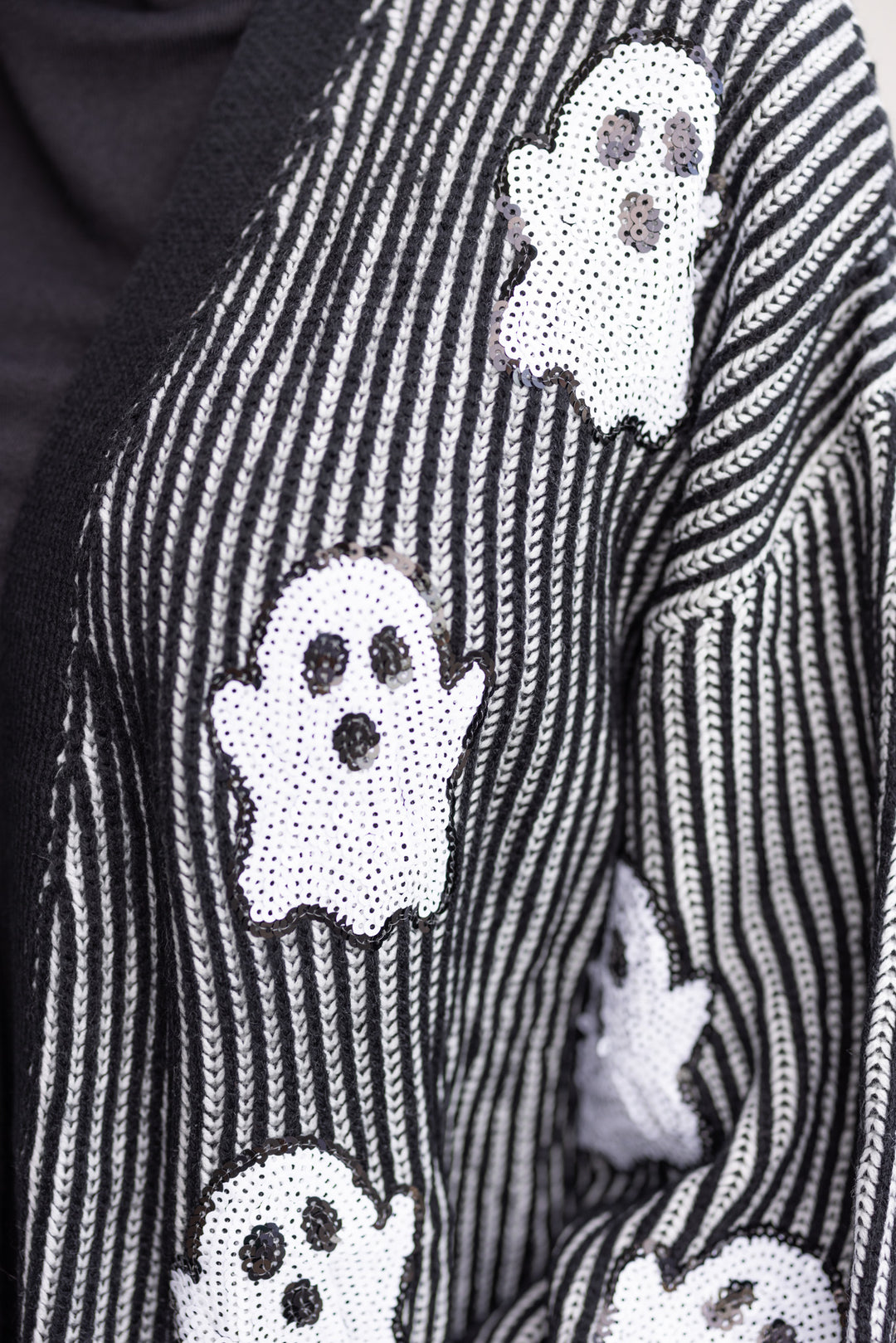 black white sequin ghost halloween sweater
