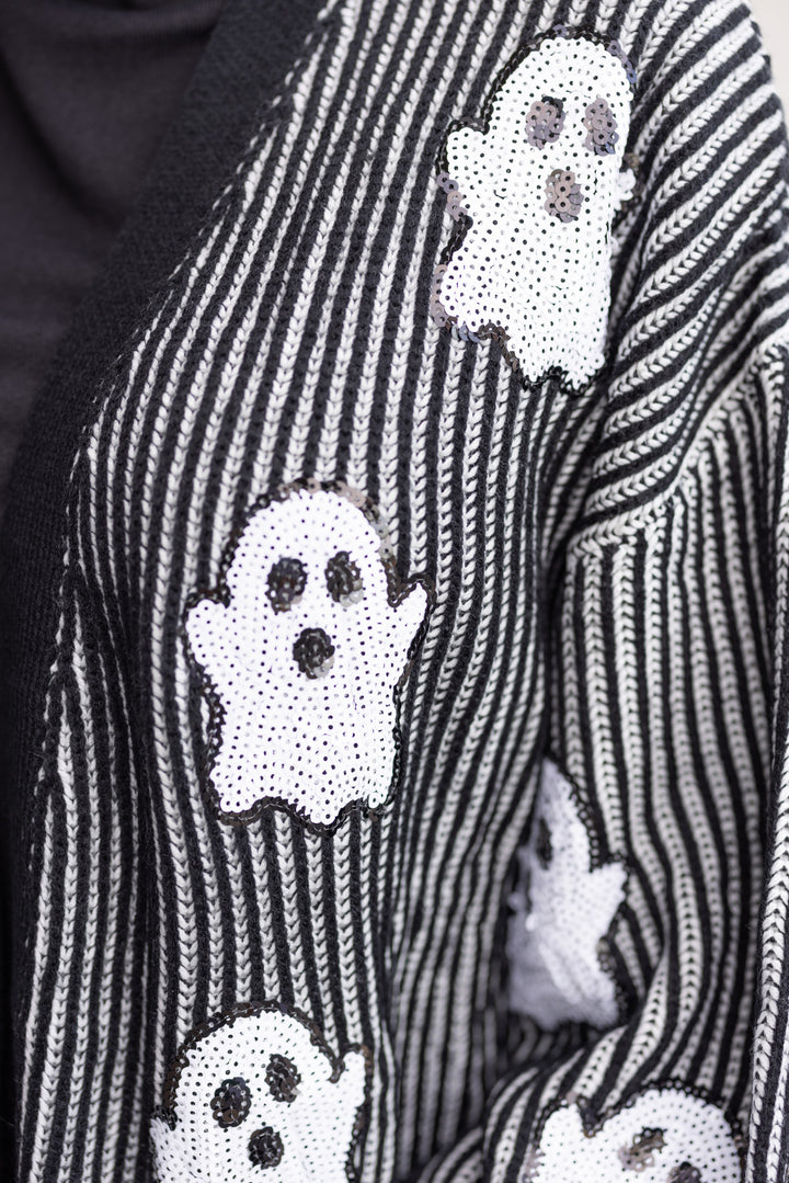 black white sequin ghost halloween sweater