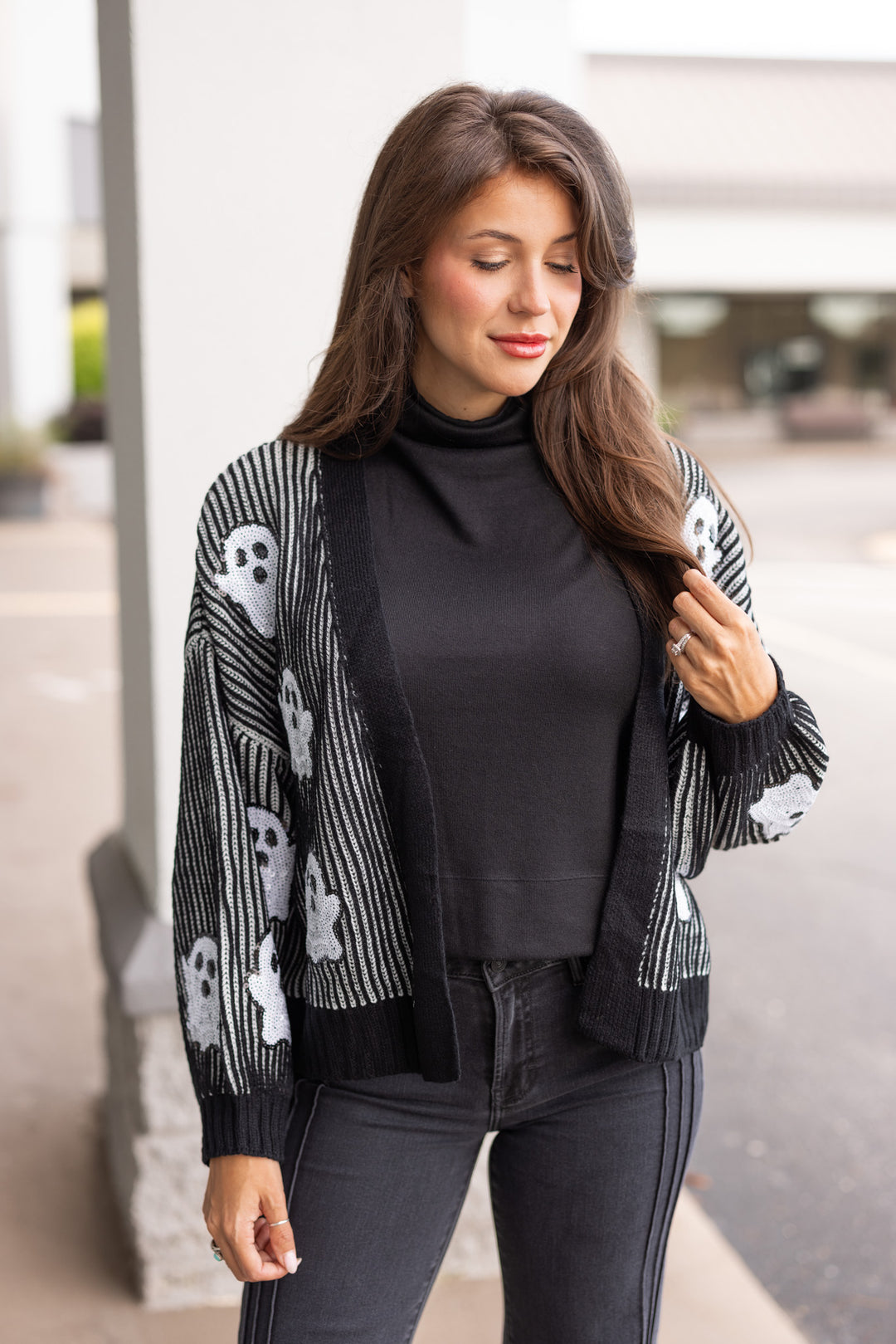 black white sequin ghost sweater cardigan
