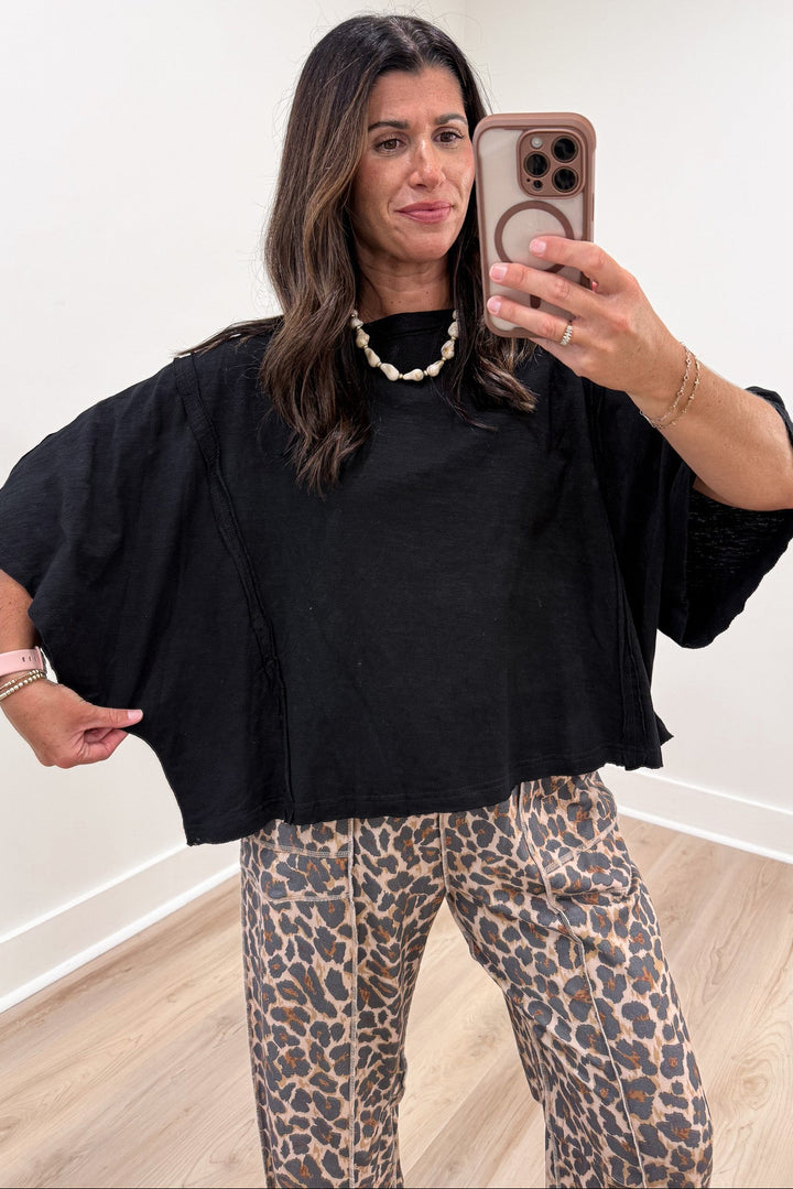 solid black short sleeve crew neckline boxy relaxed silhouette cotton t-shirt