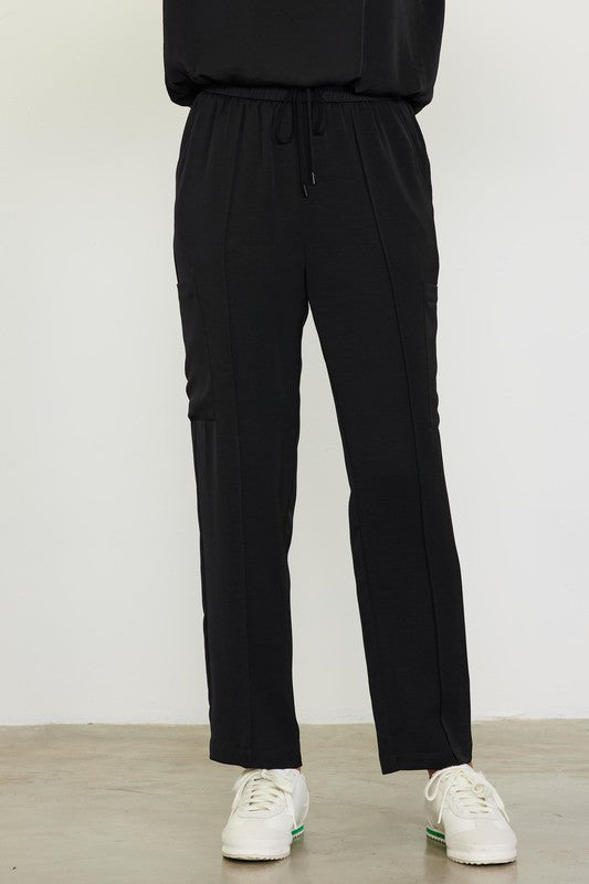 Skie Are Blue Black silky-like tapered leg cargo pants