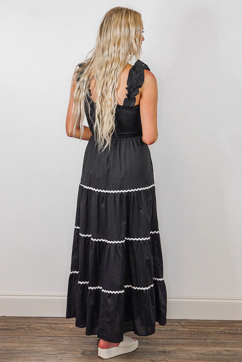 black smocked scalloped maxi dress