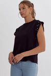 Entro Black top with matte silver metal studded short cap sleeves