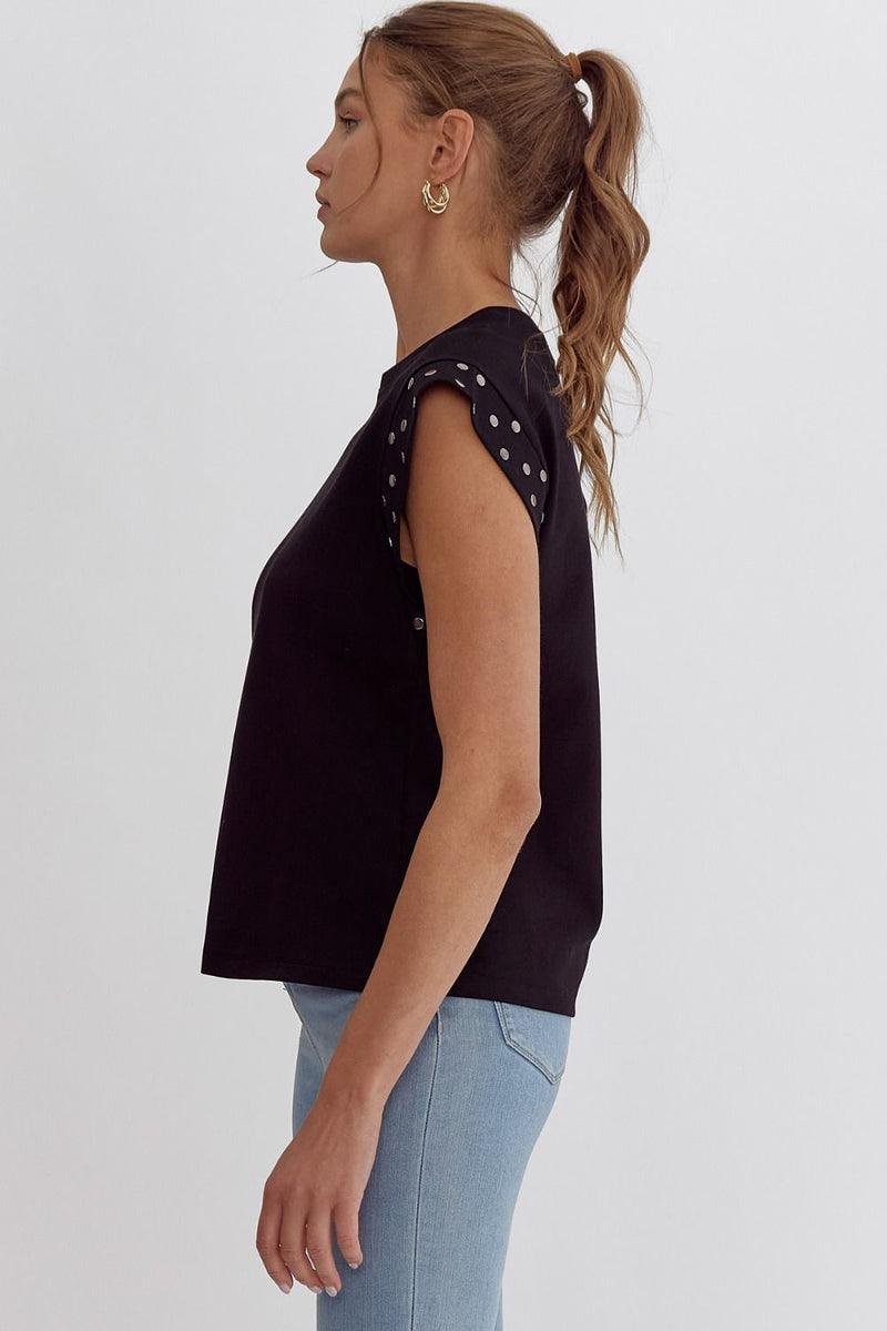Black Top With Studded Sleeves | Purple Door Boutique | Entro