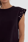 Entro Black top with matte silver metal studded short cap sleeves