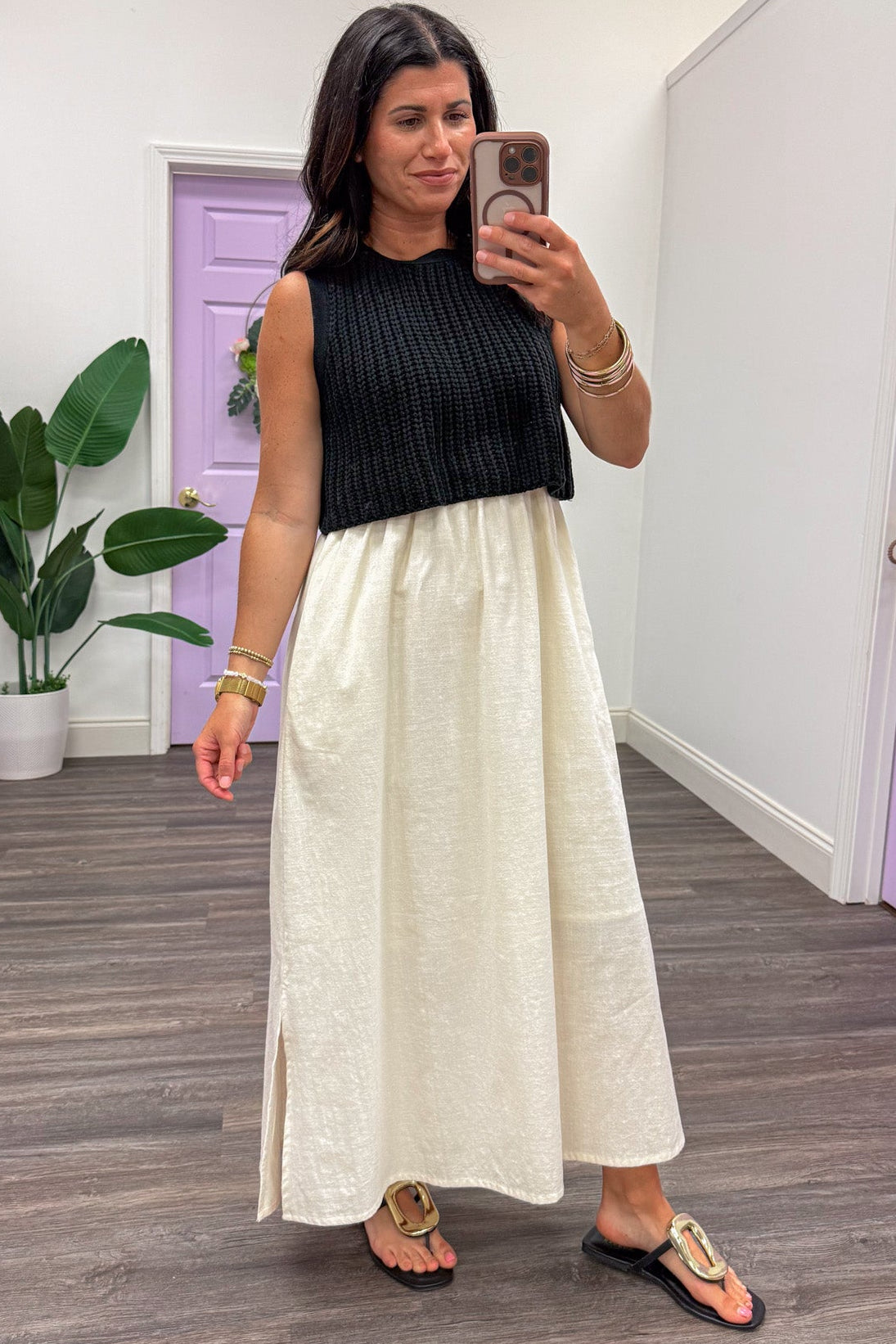 Women's Black And Cream Midi Dress With Sweater Knit Top – Purple Door Boutique