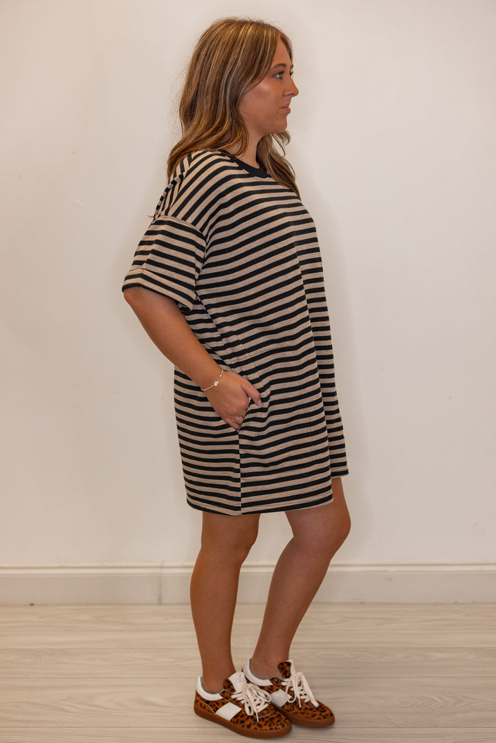 black striped cotton knit oversized shirt dress