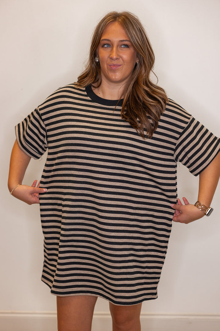 black tan striped cotton knit oversized casual dress