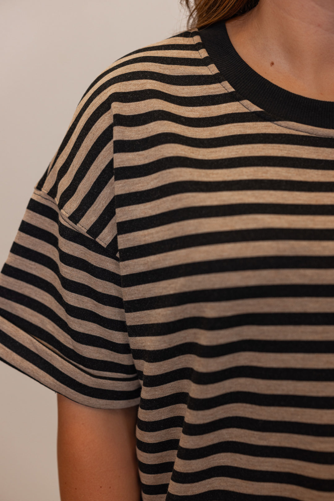 black tan striped knit oversized shirt dress