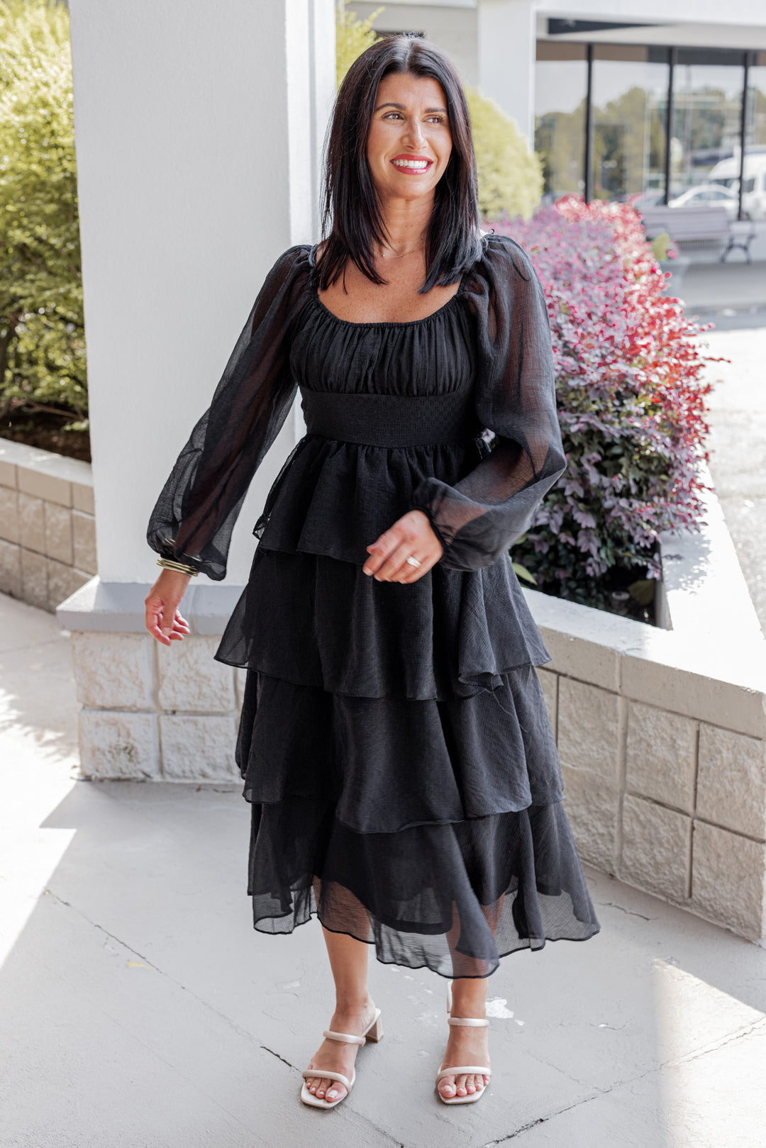 Women's Black Lurex Shimmer Ruffle Layer Tiered Midi Dress Large Women's Black Lurex Shimmer Ruffle Layer Tiered Midi Dress Large