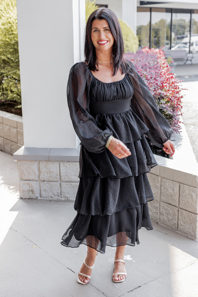 Women's Black Lurex Shimmer Ruffle Layer Tiered Midi Dress