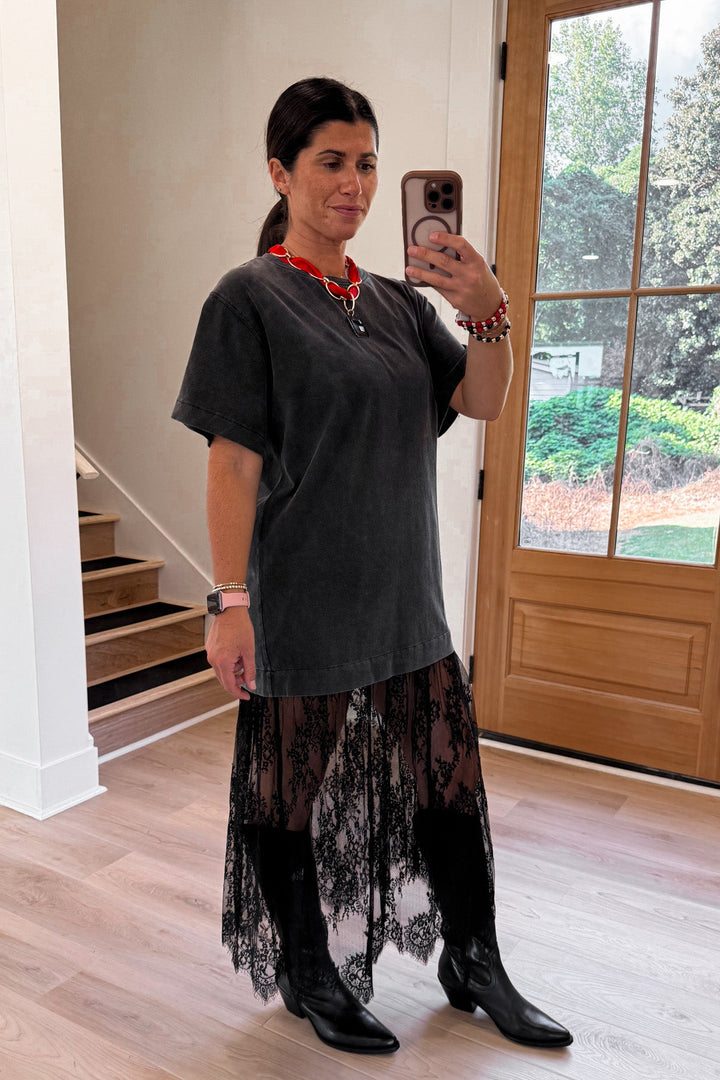 black tshirt dress lace hem bottom