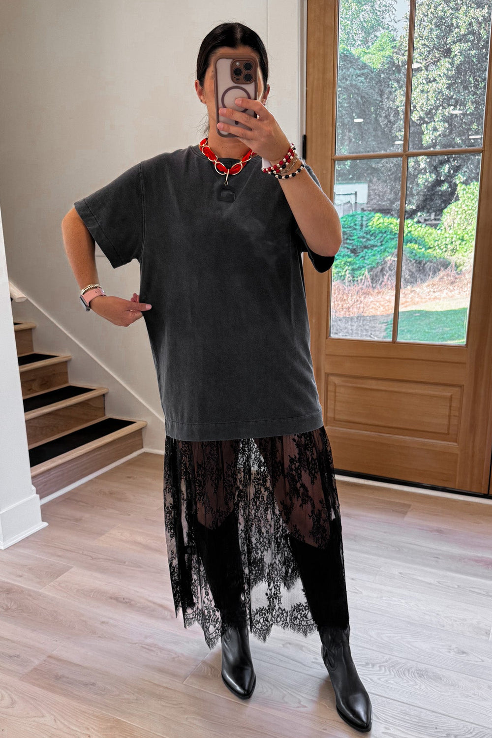 black tshirt dress with lace hem