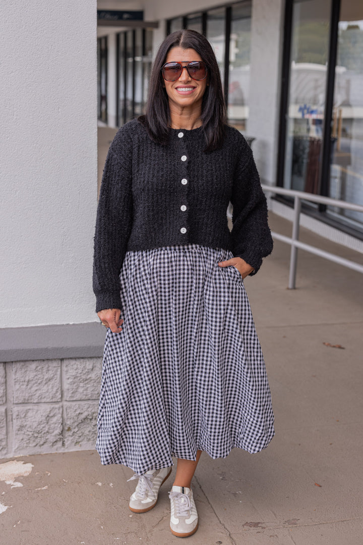 Women's black and white gingham textured midi skirt with bubble hem by Easel