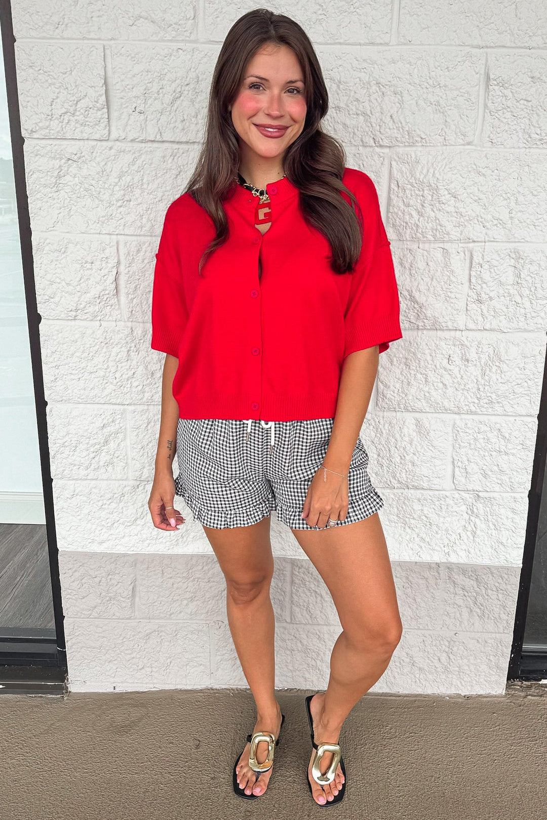 black and white gingham checkered print ruffled hem elastic waist shorts