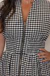black white gingham smocked waist midi dress