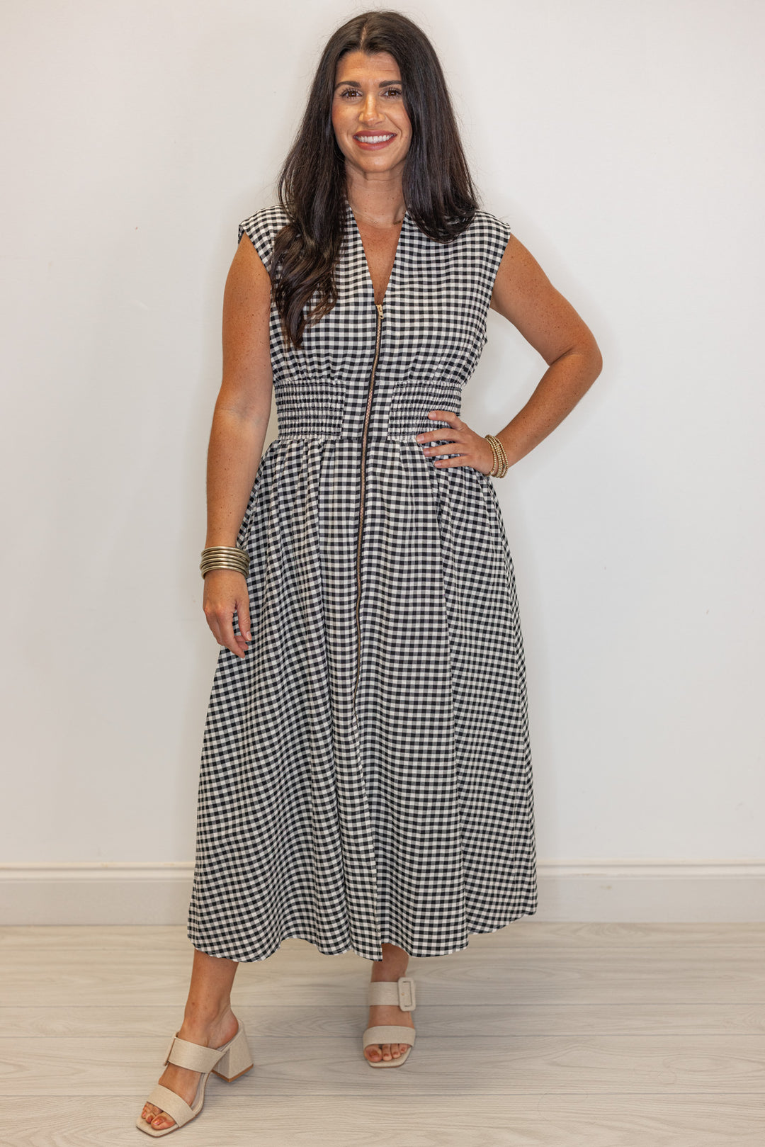 black and white check midi dress Ambrose Midi Dress in Black and White Gingham