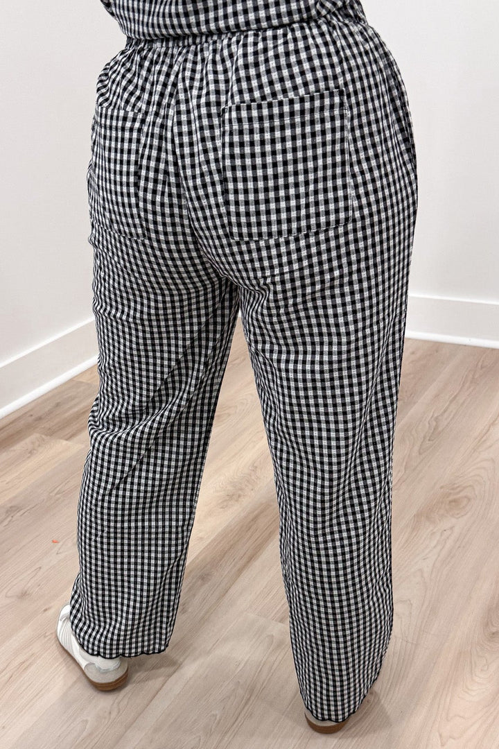 black and white gingham checkered print scalloped trim top and back pocket pants matching set