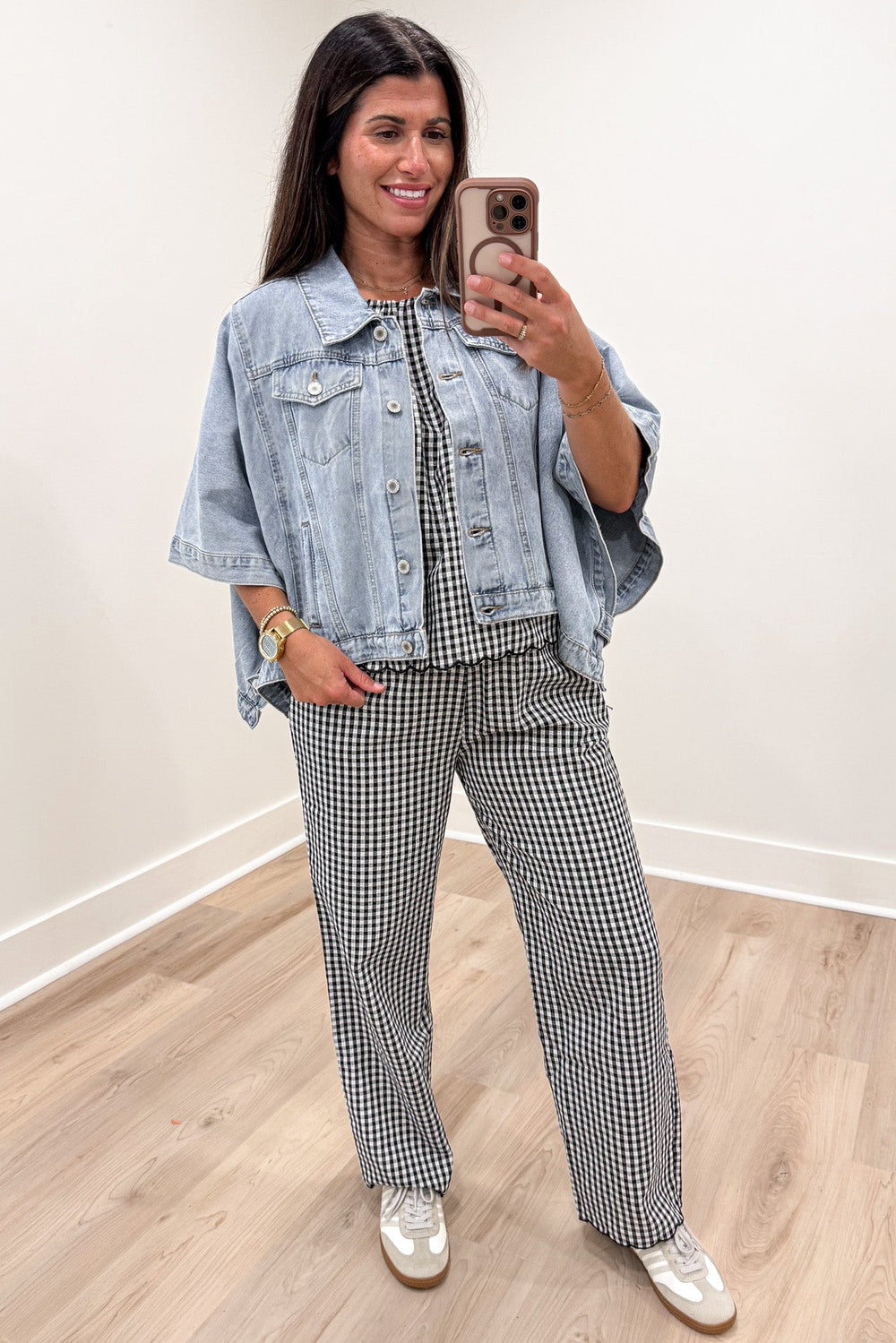 black and white gingham print matching top and pants set