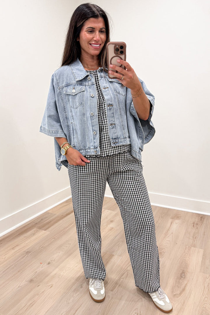 black and white gingham print matching top and pants set