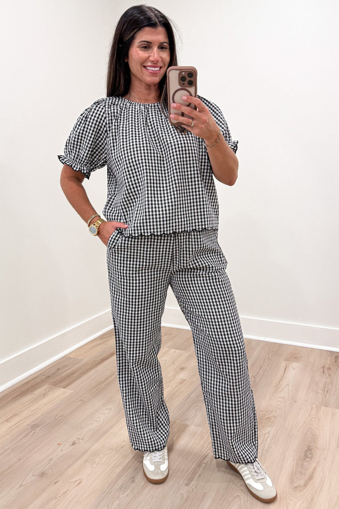 black and white gingham checkered print scalloped trim top and pants matching set