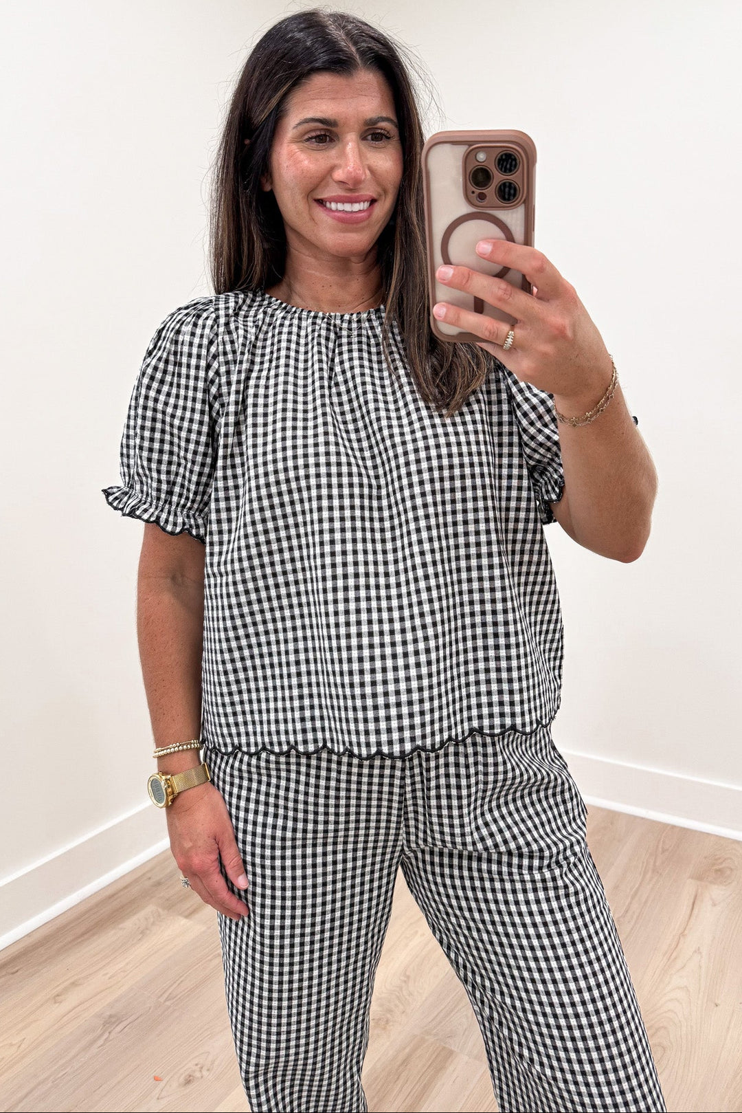 black and white gingham checkered print scalloped trim crew neckline top and pants matching set