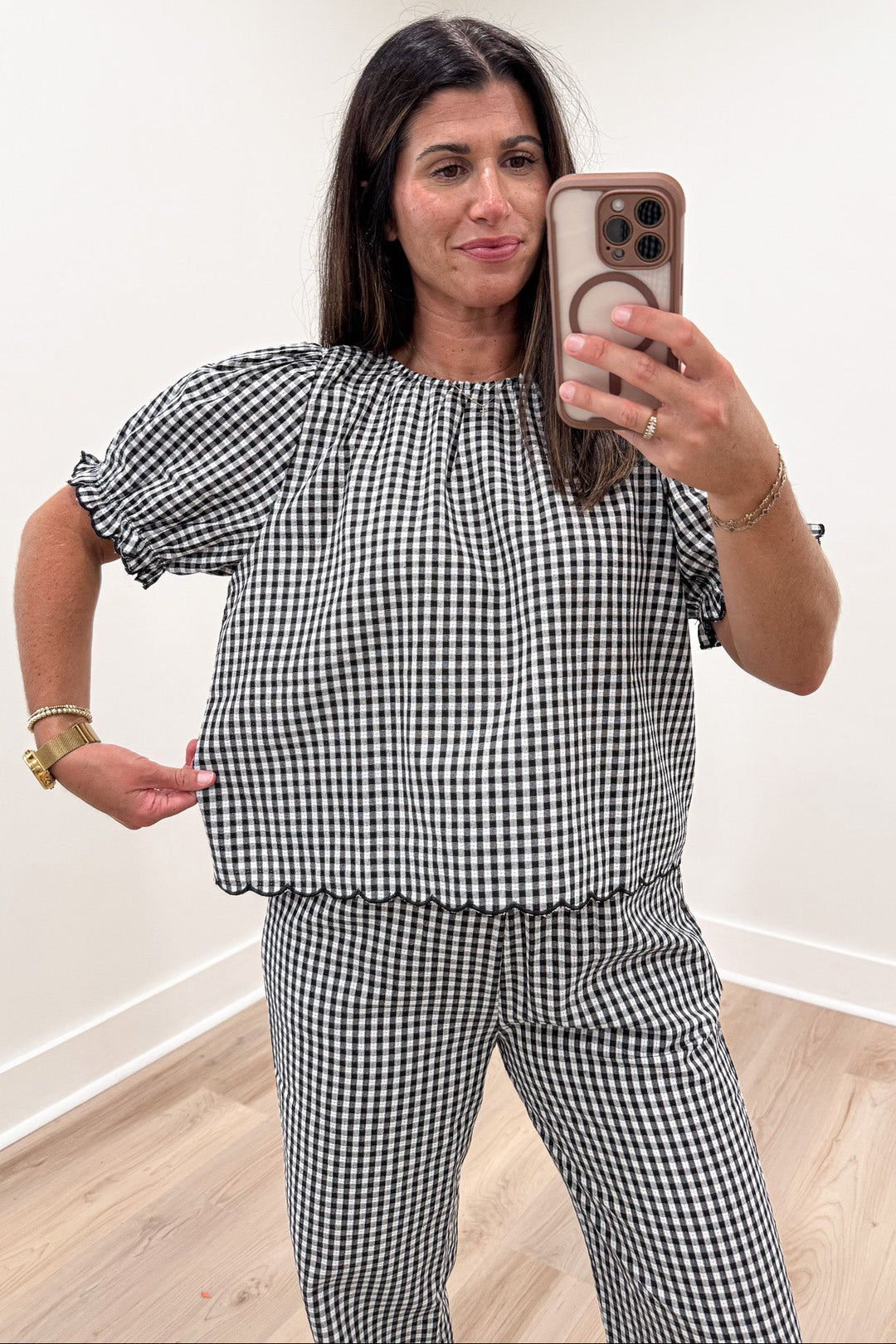 black and white gingham checkered print scalloped trim relaxed fit top and pants matching set