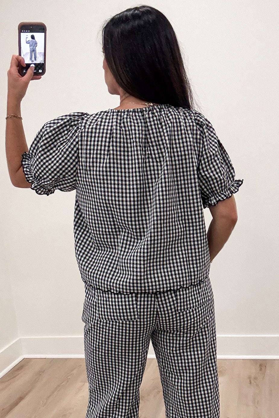 black and white gingham checkered print scalloped trim short sleeve top and pants matching set